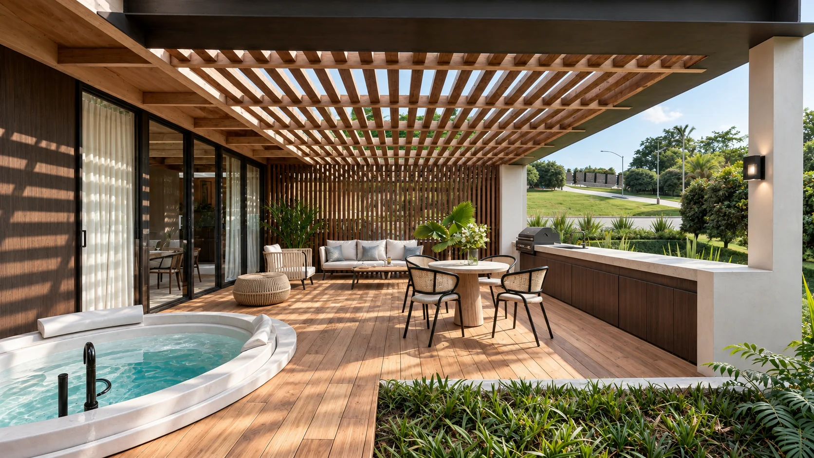 Terraza ilustrativa de Reserva del Limonar con pérgola de madera y entorno verde
